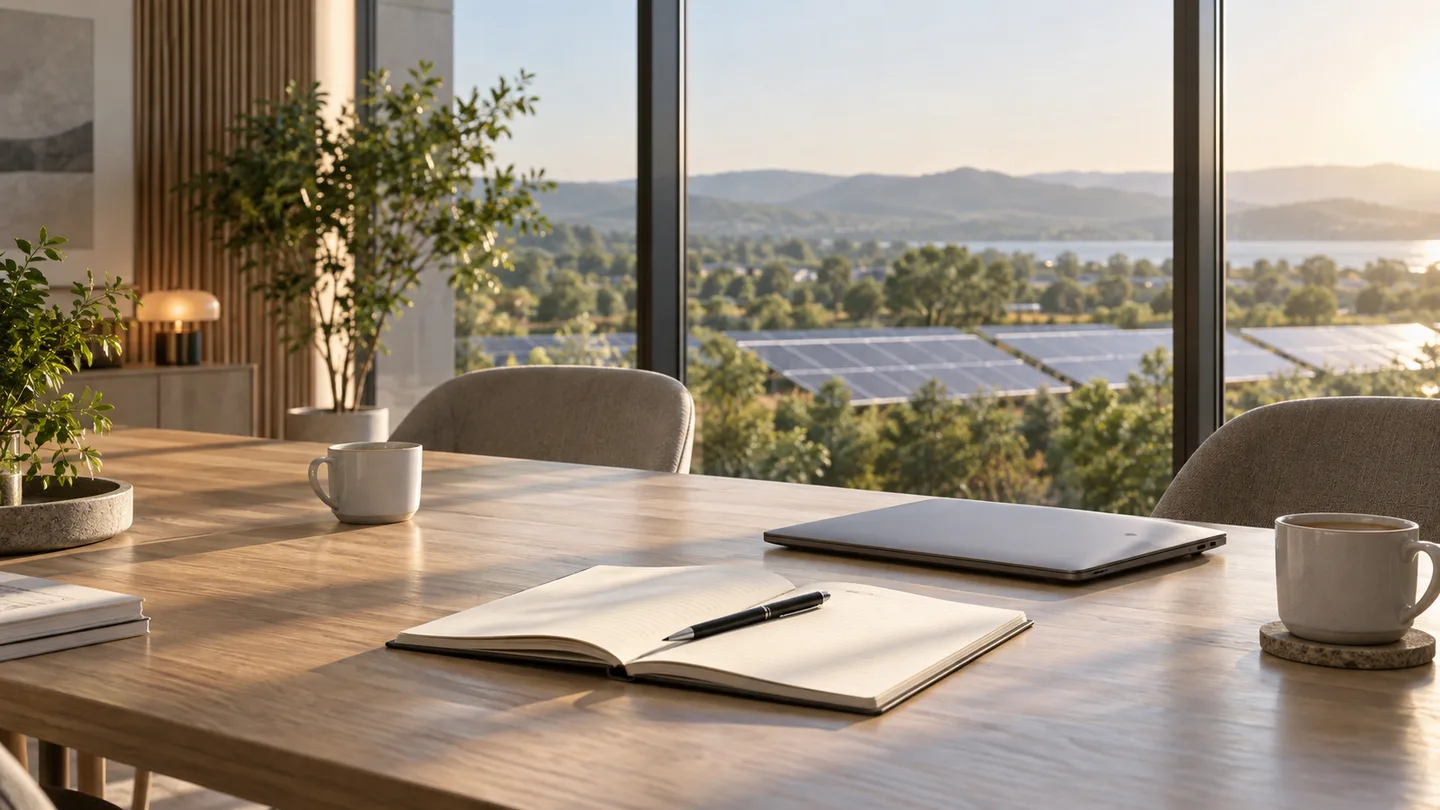 Illustrative consultation workspace overlooking solar panels, with a notebook and laptop.