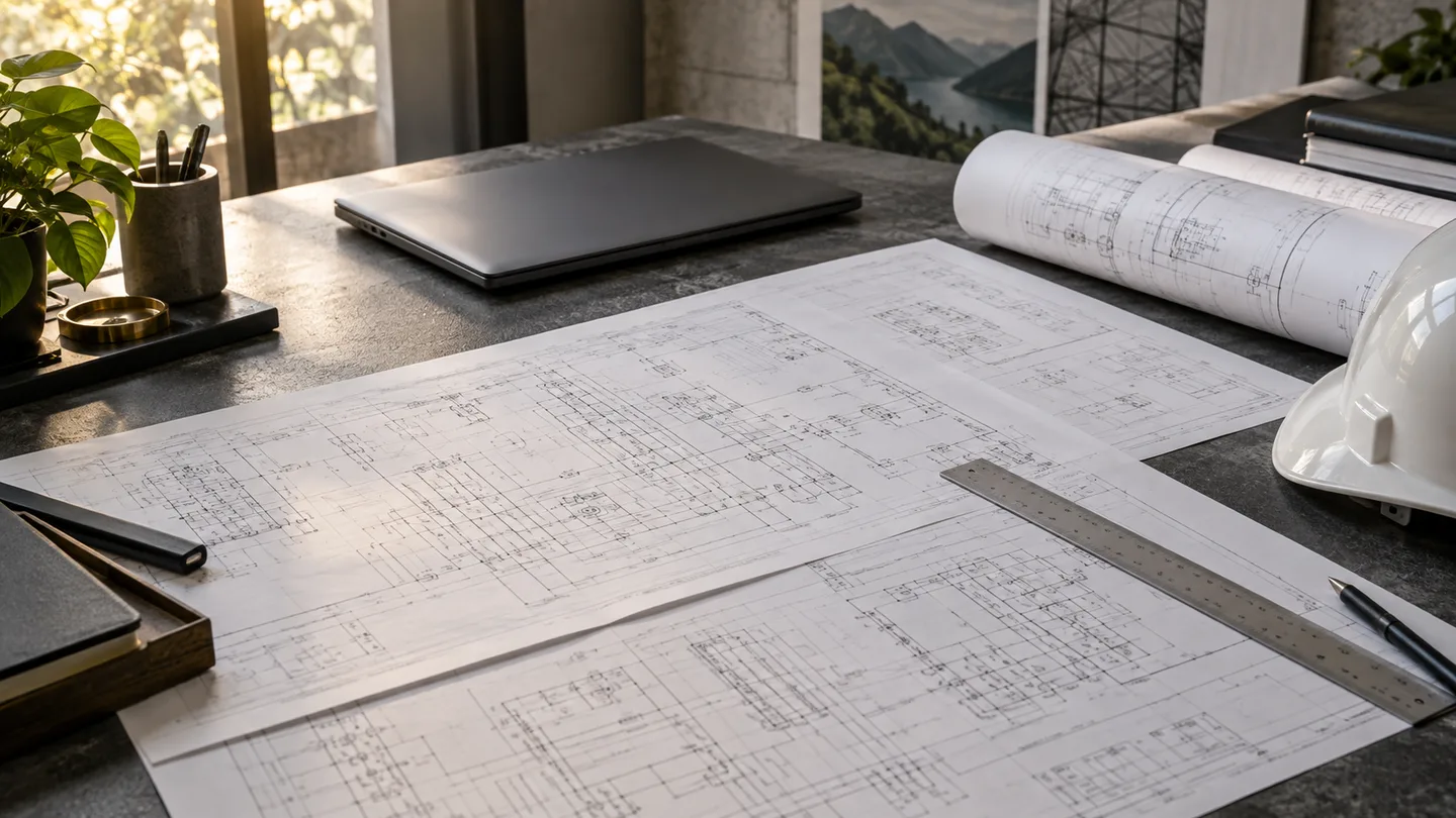 Espace de travail illustratif avec plans électriques, ordinateur portable et casque de chantier.