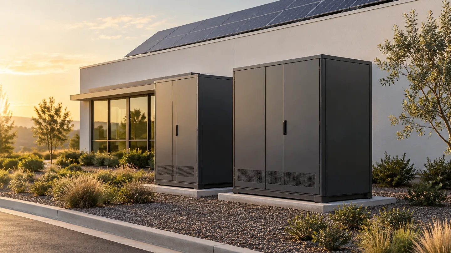 Illustration d’armoires de stockage d’énergie près d’un bâtiment équipé de panneaux solaires.
